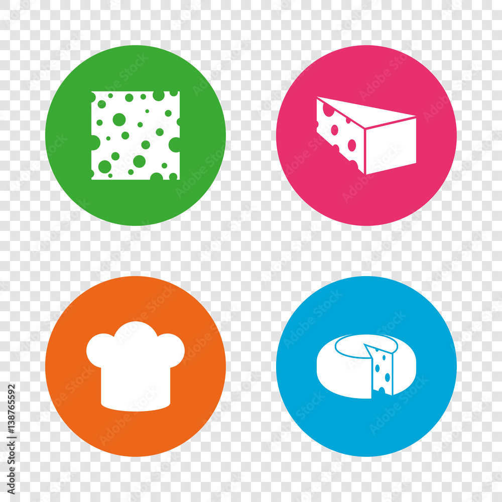 Cheese sign. Sliced food with chief hat icons. Cheese sign. Sliced food with chief hat icons.