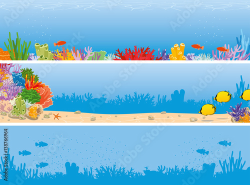 Photo Sea reef underwater banner with corals and fish