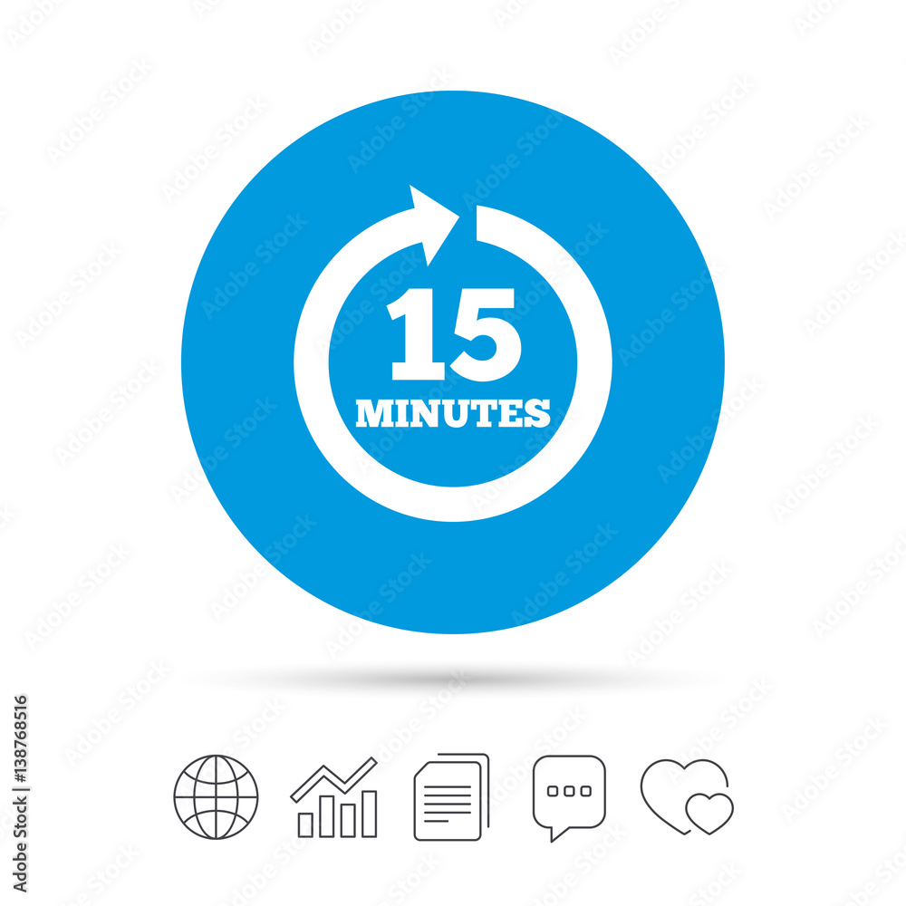 Every 15 minutes sign icon. Full rotation arrow. Every 15 minutes sign icon. Full rotation arrow.