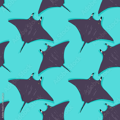 Vector seamless pattern with stingray, ray fish illustration. Animal in the wild - hand drawn sketch, marine life swimming animal wallpaper
