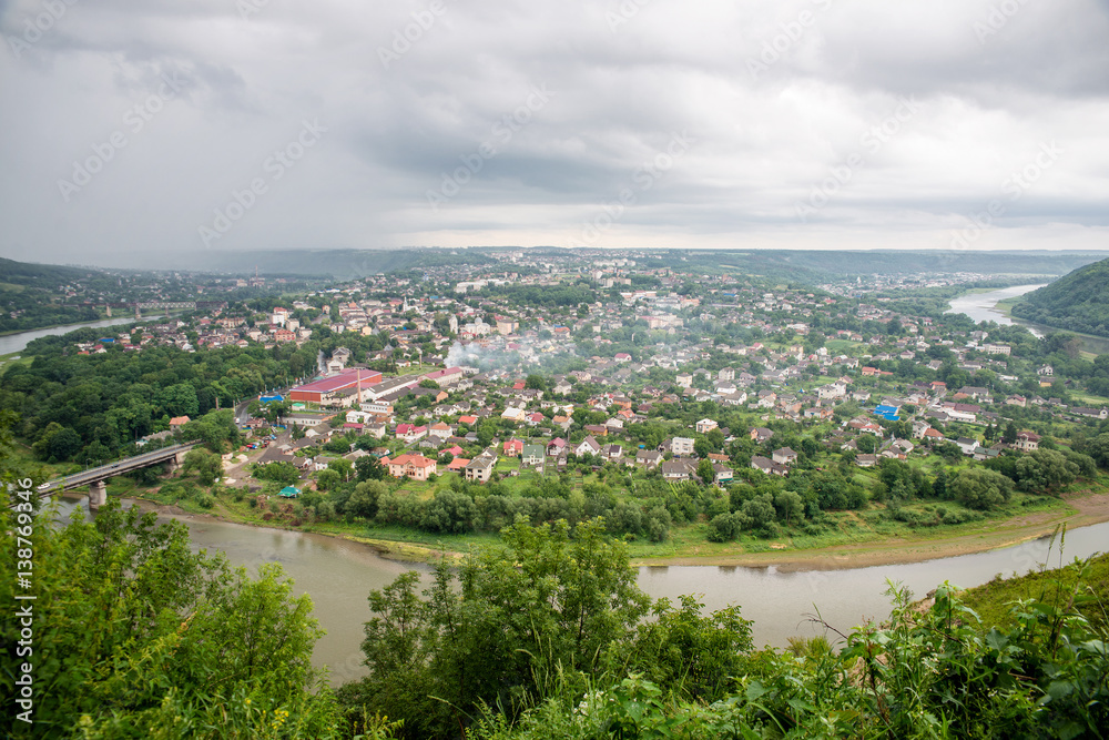 Fototapeta premium top view of the river Dniester and the city Zalishchyky