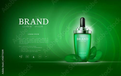 Serum essence tea with dropper in bottle. Skin care collagen hyaluronic moisture formula treatment with honeycomb design elements. Anti age drops DNA helix protection and lifting solution