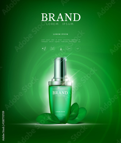 Serum essence tea with dropper in bottle. Skin care collagen hyaluronic moisture formula treatment with honeycomb design elements. Anti age drops DNA helix protection and lifting solution