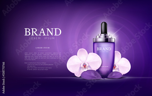 Serum essence orchid flower with dropper in bottle. Skin care collagen hyaluronic moisture formula treatment with honeycomb design elements. Anti age drops DNA helix protection and lifting solution