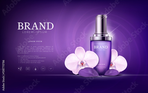 Serum essence orchid flower with dropper in bottle. Skin care collagen hyaluronic moisture formula treatment with honeycomb design elements. Anti age drops DNA helix protection and lifting solution