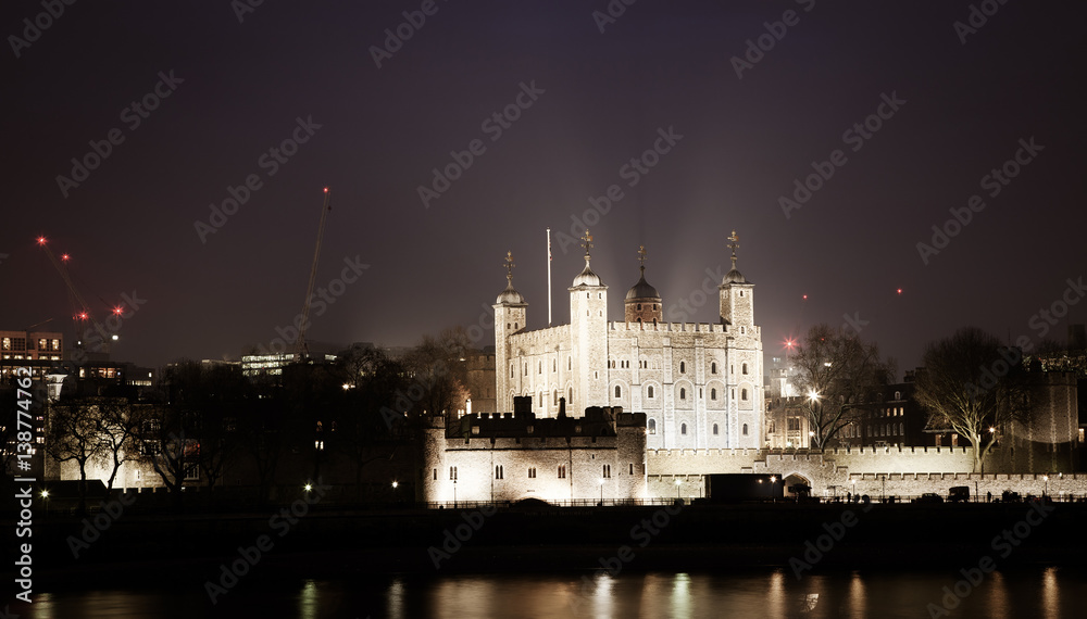 the Tower of London at night, UK