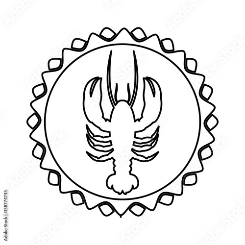 monochrome line contour with lobster in circular emblem vector illustration