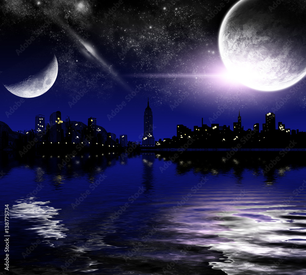 abstract night city, amid the lake and the planets abstract night city, amid the lake and the planets