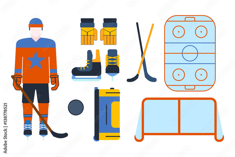 Naklejka premium Vector hockey uniform and accessory in flat style.