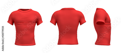 3d rendering of a red T-shirt in realistic slim shape in side, front and back view on white background.