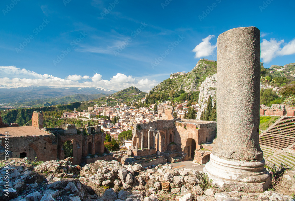 Close-up view of a column in the perimetral arcade of the old greek Taormina theater, Sicily