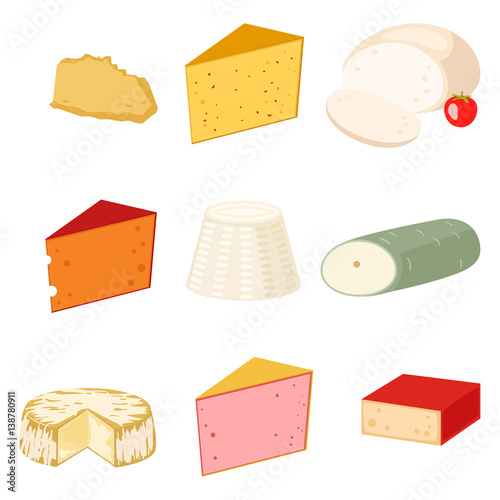 Delicious fresh cheese variety italian dinner icon flat dairy food and milk camembert piece different delicatessen gouda set isolated vector illustration.