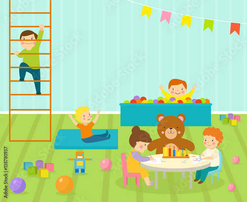 Kids playroom with light furniture decor playground and toys on the floor carpet decorating flat style cartoon comfortable interior vector illustration.
