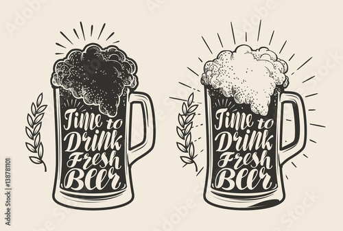 Glass, mug of beer with foam. Brewery, drink, ale symbol. Lettering, calligraphy vector illustration