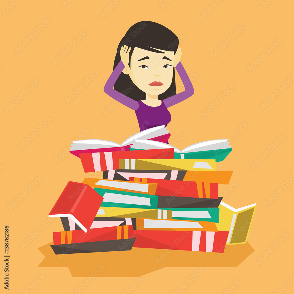Student sitting in huge pile of books. Student sitting in huge pile of books.