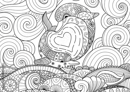 Two dolphins playing together under beautiful ocean for adult coloring book page