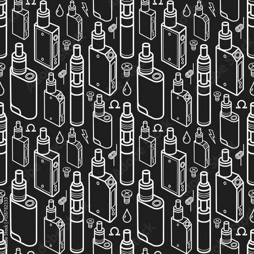 Vector seamless pattern for vape shop and e-cigarette store, white print isolated on black background. Endless background