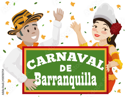 Momo King and Barranquilla's Carnival Queen Celebrating Battle of Flowers, Vector Illustration photo