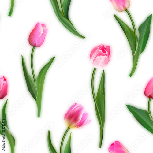 Fototapeta Naklejka Na Ścianę i Meble -  Realistic tulips vector seamless pattern, Repeating surface pattern with beautiful realistic 3D vector tulips for all web and print purposes.