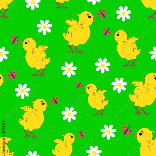 Seamless pattern with chicken, flowers and butterflies.