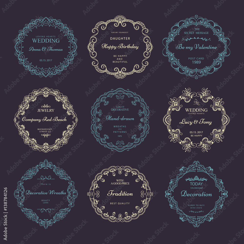 Collection of hand drawn wreaths. Cute template design elements. Vector illustration.