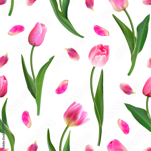 Realistic tulips vector seamless pattern  Repeating surface pattern with beautiful realistic 3D vector tulips for all web and print purposes.