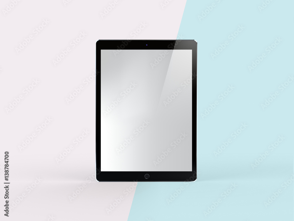 3D Illustration of Black Tablet on Simple Pastel Pink Mint Background, Front View. Isolated Mockup. 3D Illustration of Black Tablet on Simple Pastel Pink Mint Background, Front View. Isolated Mockup.