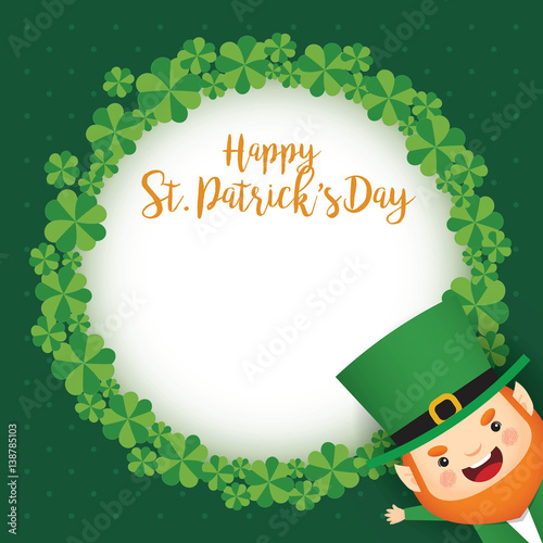 Happy St. Patrick's Day greeting card template. Cute Leprechaun and clover wreath on green polka dot background. 17 march vector illustration.