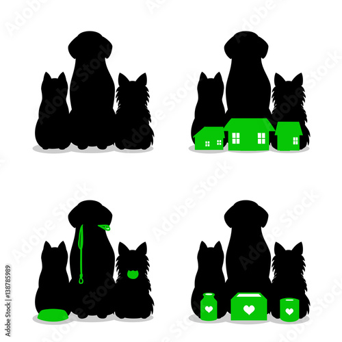 set of Small group of dogs and cat silhouette