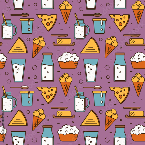 Dairy product seamless pattern for packaging with different dairy icons in line style design on perpl background, vector illustration. Organic farming. Nutritious and healthy products. Natural food