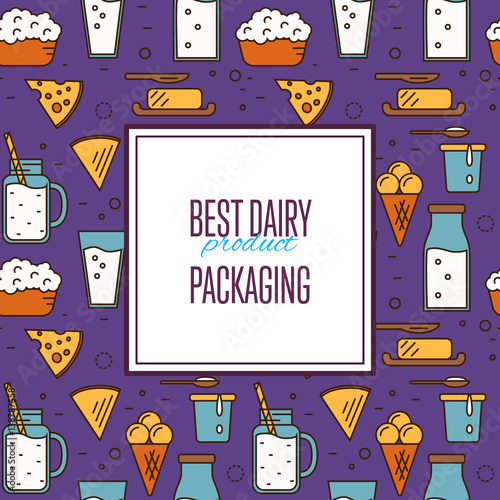 Best dairy product seamless pattern for packaging with different dairy icons in line style design, vector illustration. Organic farming background. Traditional and healthy milk products. Natural food