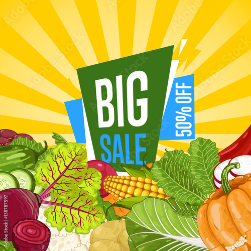 Big sale proposition for farm food banner vector illustration. Natural vegetable sale, organic farming retail, vegan product store promo. Healthy farm food offer advertising with corn, pumpkin, potato