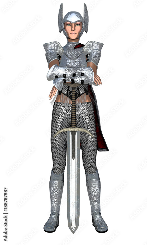 Obraz premium Young female warrior guard leaning on sword isolated on white background. 3d illustration