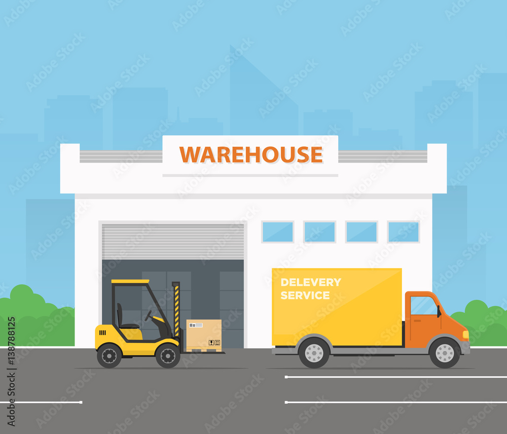 Forklift is loading cargo from warehouse to truck. Delivery service. Logistics center. Vector illustration in flat style.