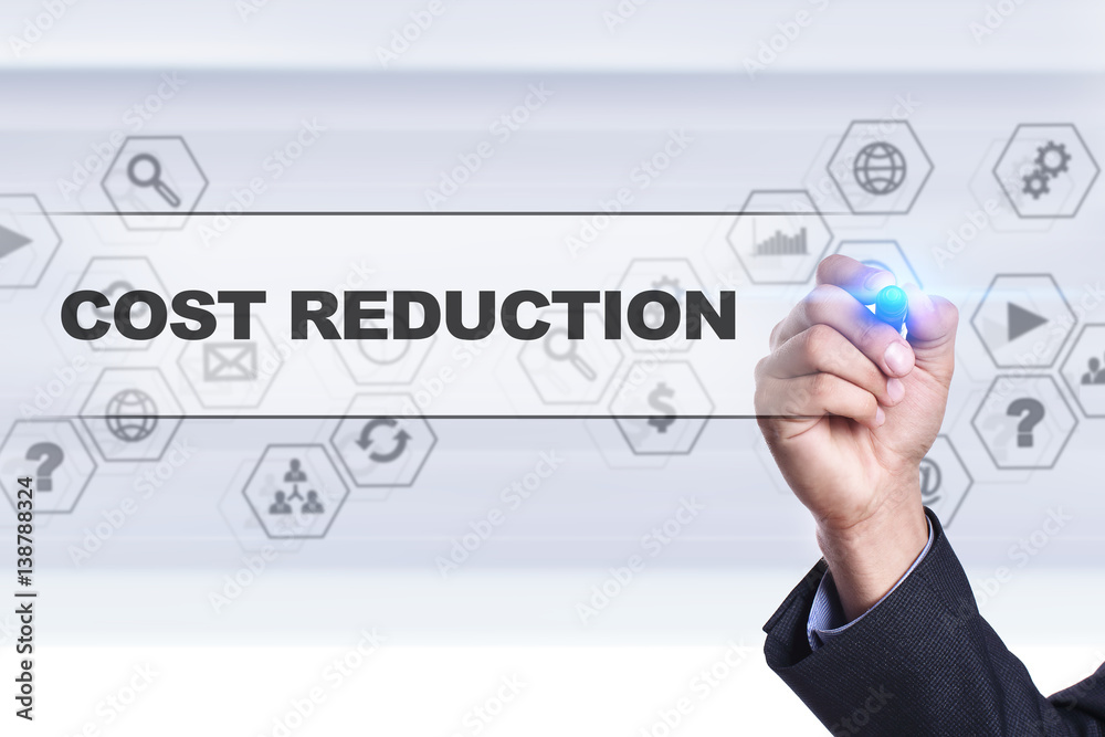 Fototapeta premium Businessman drawing on virtual screen. cost reduction concept.