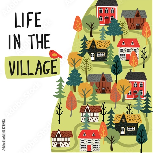 Vector illustration with cartoon houses and trees. The manual says "Life in the village."