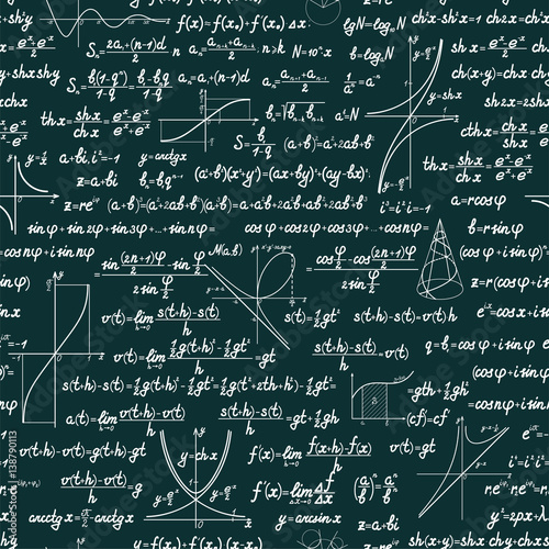 Vector mathematics seamless pattern with different signs, figures, formulas and graphs of functions. Math green chalkboard background
