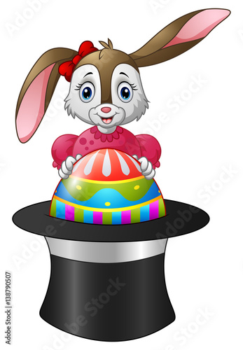 Cartoon bunny holding easter eggs in a hat