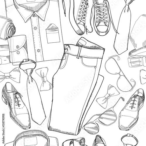 illustration of seamless pattern, wrapping paper, background, hand drawn, graphic doodle coordination folded shirt, tie, trousers, shoes, classical boots, spectacles and belt.