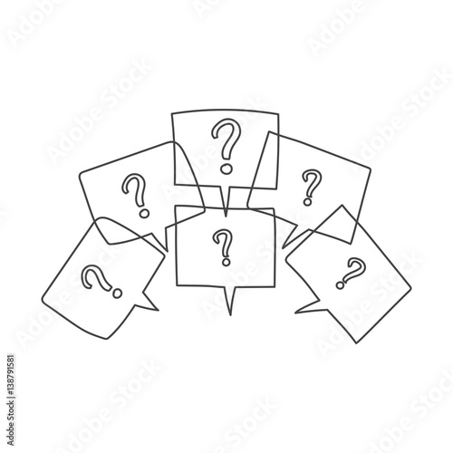 Question marks in thought bubbles. Hand drawn line art cartoon vector illustration on white background.