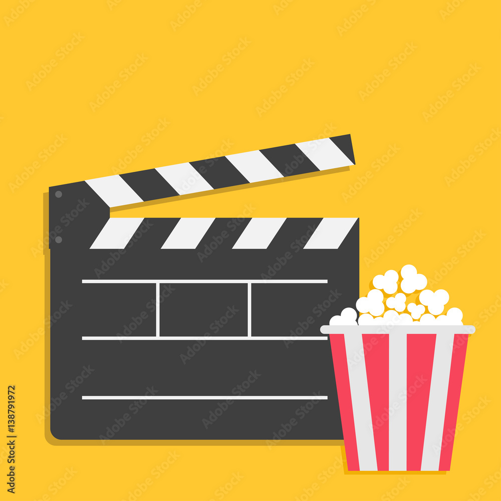 Big open clapper board Popcorn Cinema red white lined box icon set. Flat design style. Yellow background.