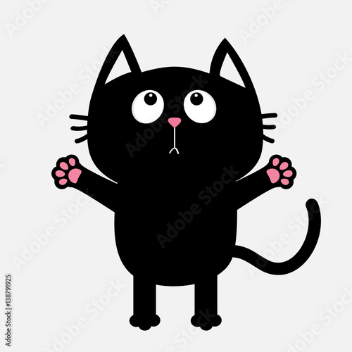 Black cat looking up ready for a hugging. Open hand paw. Kitty reaching for a hug. Funny Kawaii animal. Baby card. Cute cartoon character. Pet collection. Flat design White background. Isolated.