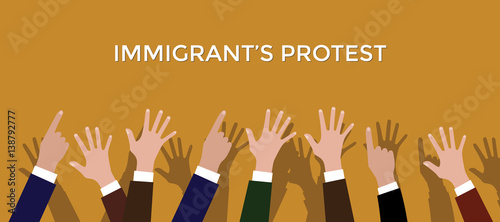 immigrant's protest concept illustration with hands up point to white text