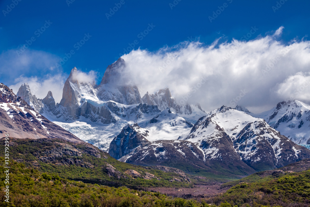 Argentina, Patagonia, Fitz Roy mountain partly in clouds, beautiful landscape.