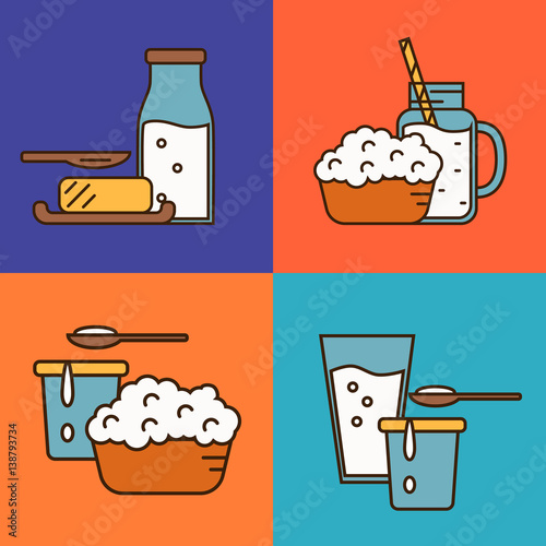 Assortment of different dairy products, isolated square composition on color background, vector illustration in line style design. Nutritious and natural healthy food. Organic farmers products.