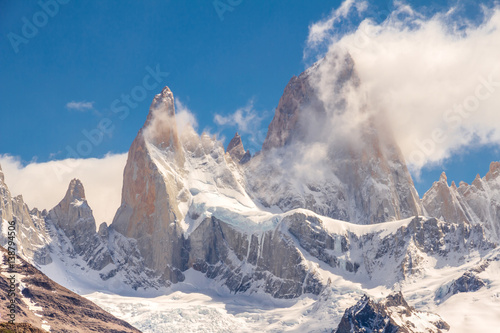 Argentina, Patagonia, Fitz Roy mountain partly in clouds, beautiful landscape.