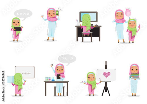 Arabic Girl study Isolated on white background. Vector cartoon illustration.