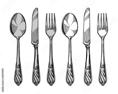 Hand-drawn tableware, view top. Silver cutlery such as knife, spoon, fork. Sketch vector illustration