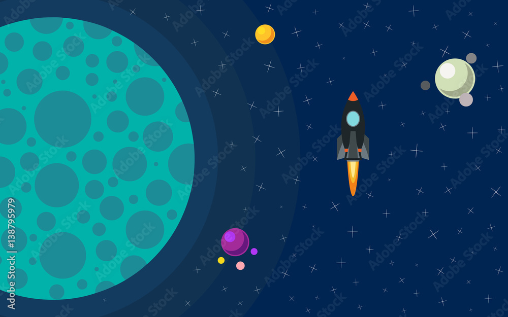 Naklejka premium The rocket in space near the planet. Space trip. Vector illustration of rocket flight. 