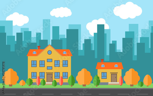 Vector city with two cartoon houses and buildings with trees and shrubs. City space with road on flat style background concept. Summer urban landscape. Street view with cityscape on a background
